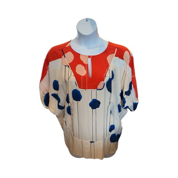 Diane Von Furstenburg Abigail Silk Keyhole Blouse -String Dot Poppy Print sz 10 - Picture 2 of 8